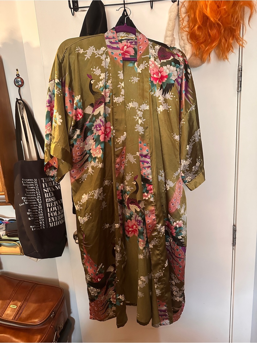 Olive Peacock Floral Kimono Robe